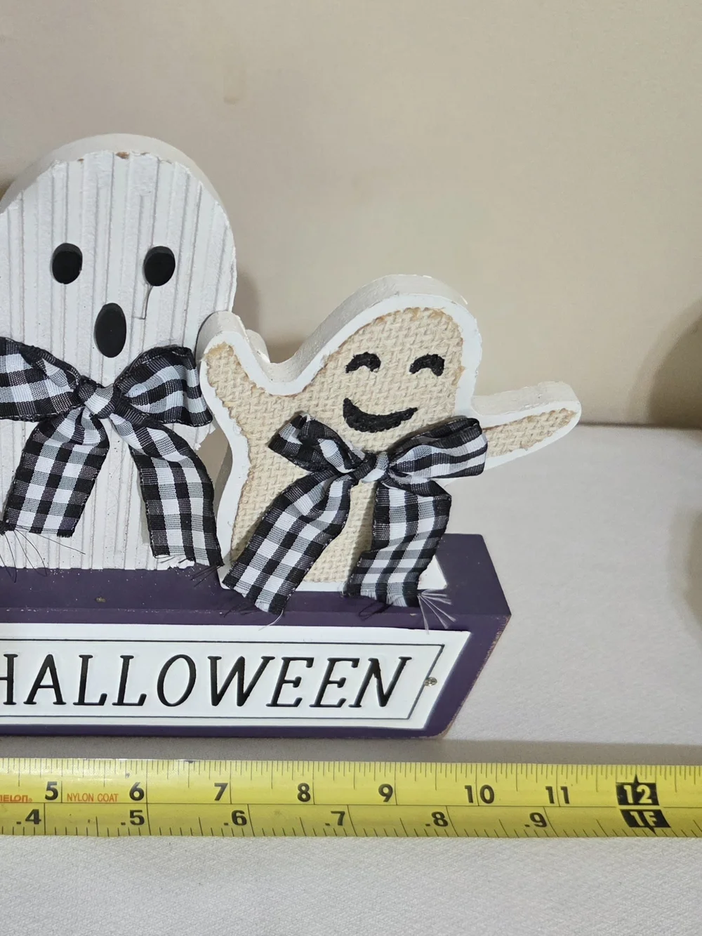 Festive Black & White Ghost Halloween Wood Block Sign Purple, White, And Grey